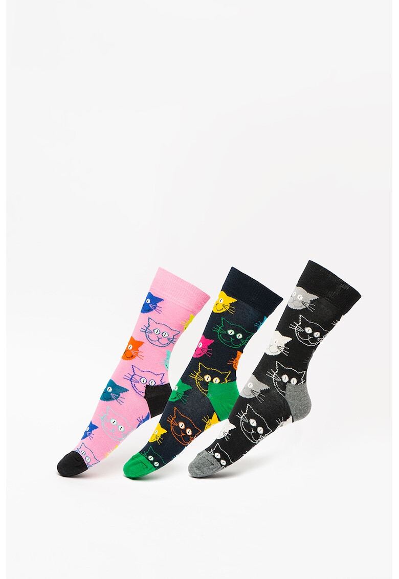 Happy Socks Set de sosete unisex lungi cu imprimeu cu pisici - 3 perechi - Pled.ro