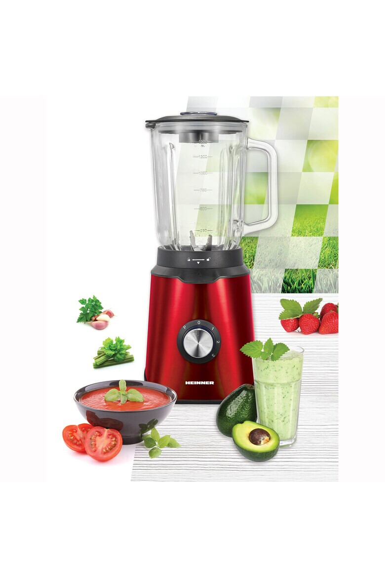 Heinner Blender de masa Vitality 1000 1000W bol sticla 1.5L 3 viteze+Pulse 6 lame detasabile din inox inox rosu - Pled.ro