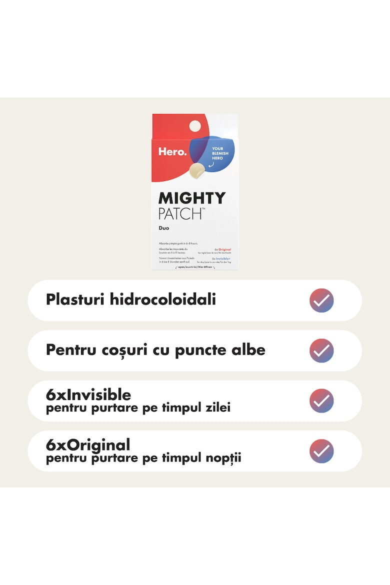 Hero. Plasturi hidrocoloidali anti acnee Hero Mighty Patch Duo pentru tratarea cosurilor cu puncte albe 12 bucati - Pled.ro