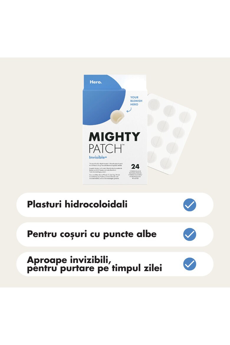 Hero. Plasturi hidrocoloidali anti acnee Hero Mighty Patch Invisible+ pentru tratarea cosurilor cu puncte albe 24 bucati - Pled.ro