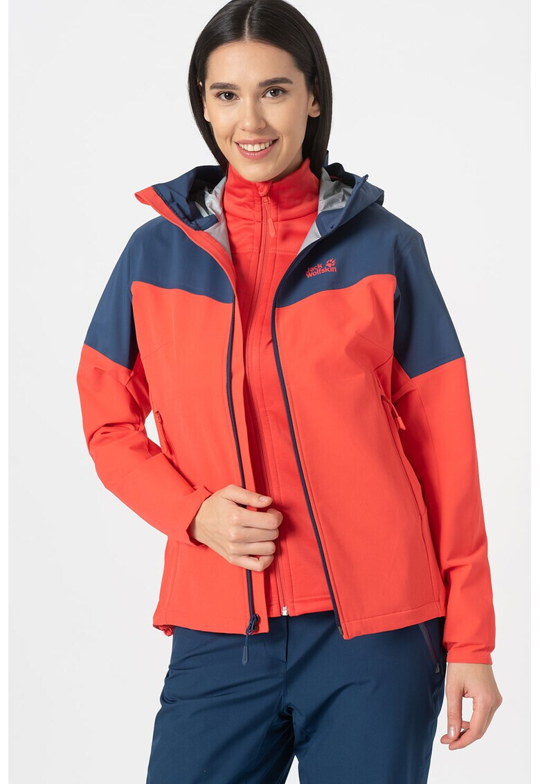 Jack Wolfskin Jacheta impermeabila cu gluga si segment contrastant pentru drumetii Alpine - Pled.ro