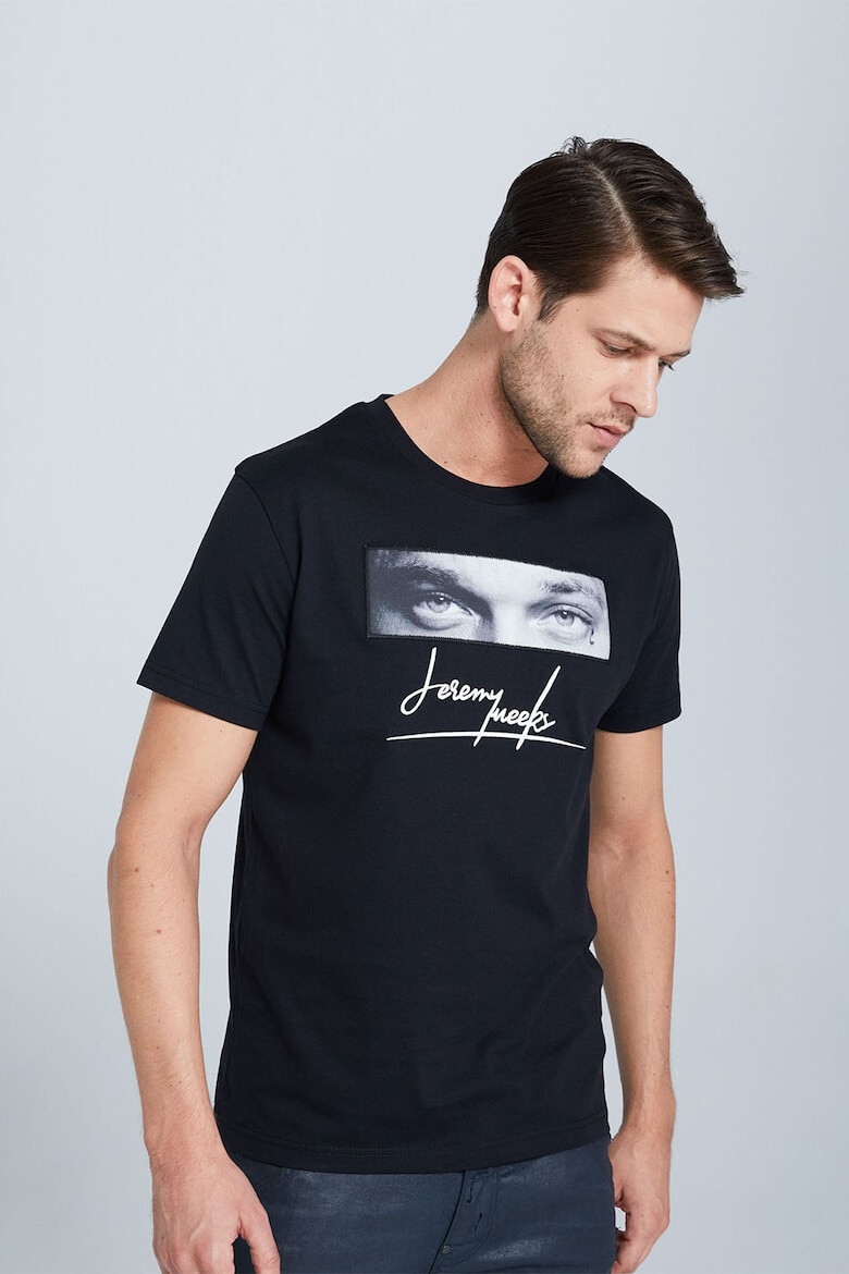 Jeremy Meeks Tricou de bumbac organic cu decolteu la baza gatului si imprimeu logo - Pled.ro