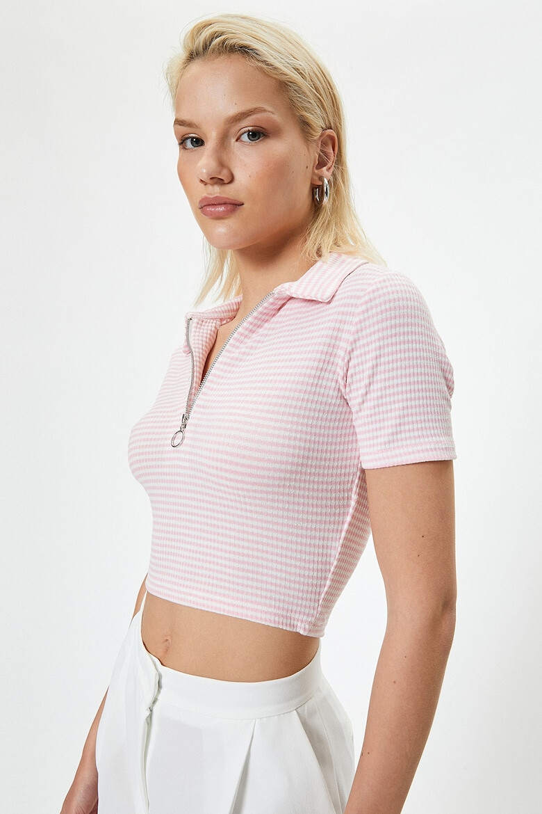 KOTON Tricou crop cu fermoar scurt si model gingham - Pled.ro