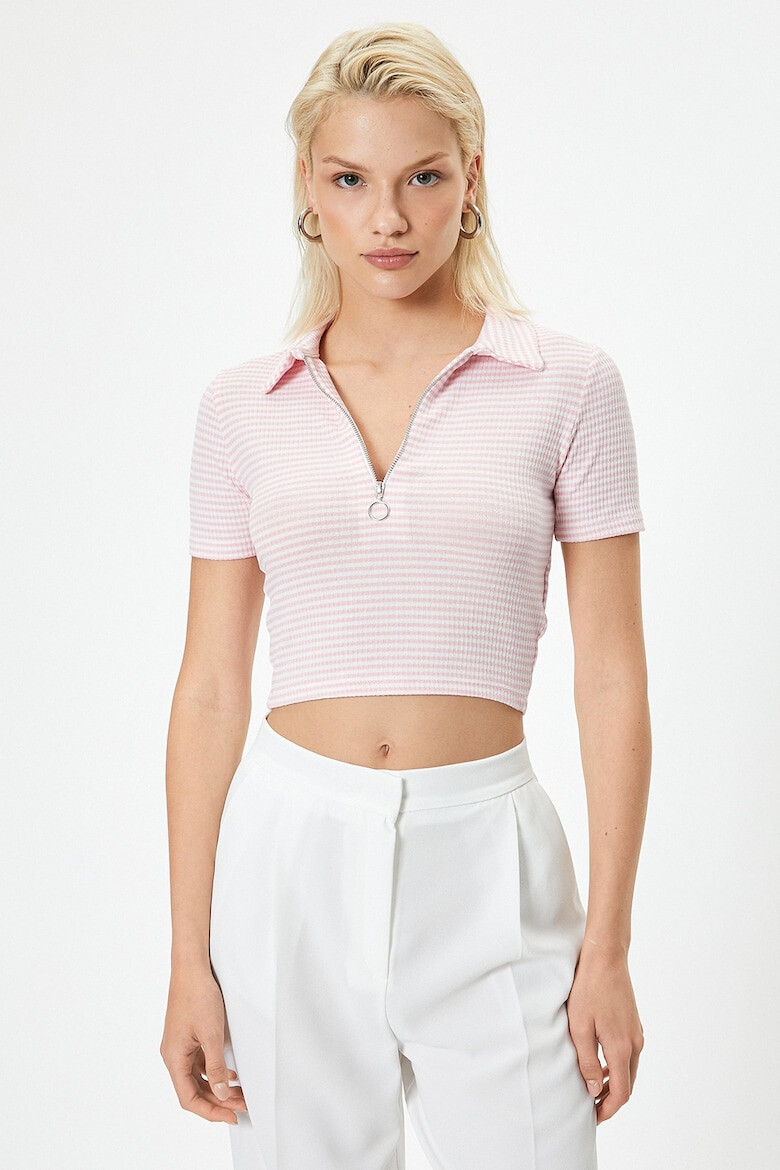 KOTON Tricou crop cu fermoar scurt si model gingham - Pled.ro