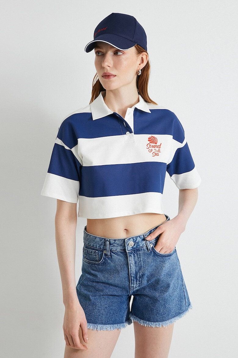 KOTON Tricou crop polo din bumbac cu model in dungi - Pled.ro