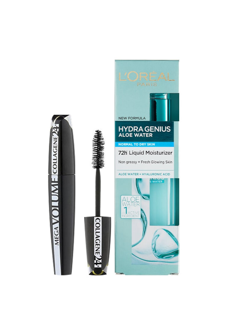 L'Oreal Paris Set : Crema de zi fluida Hydra Genius pentru ten normal-uscat 70 ml + Mascara Mega Volume Collagene 24H Black 9 ml - Pled.ro