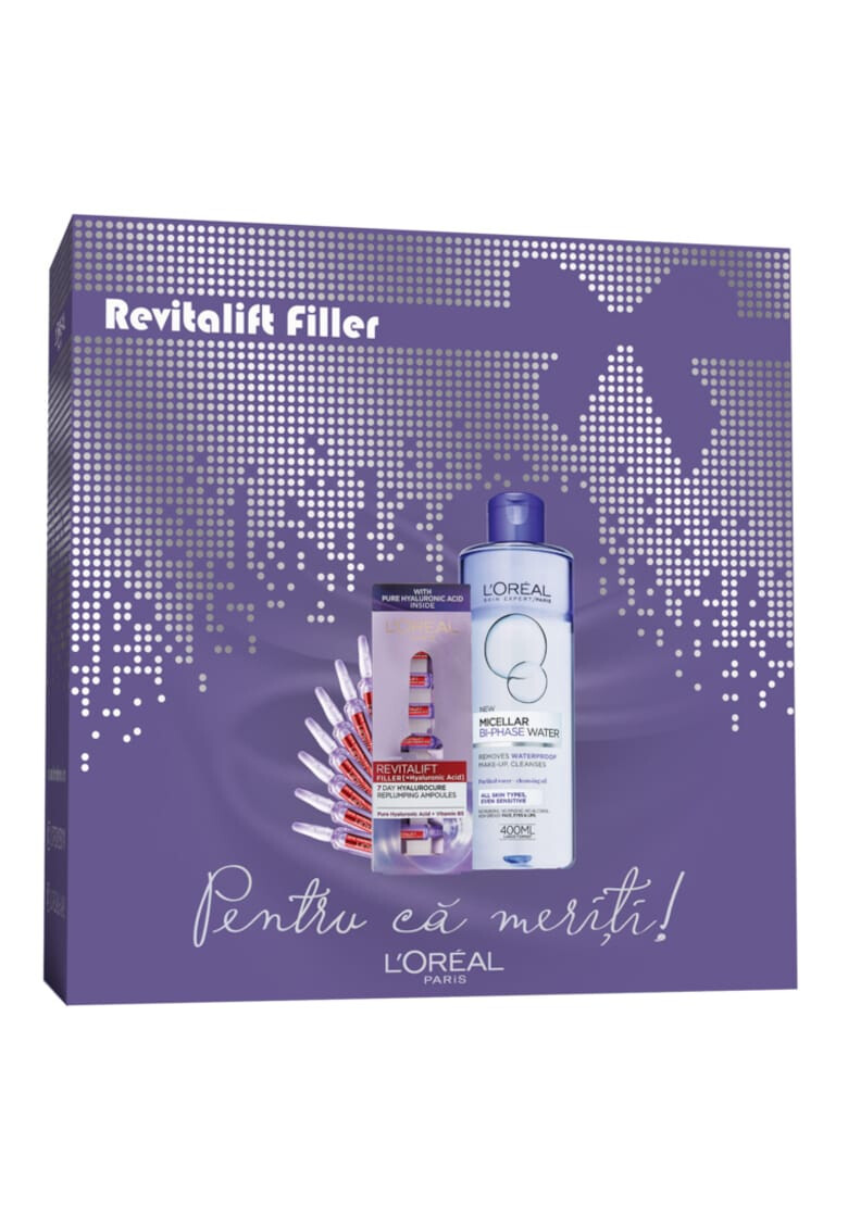 L'Oreal Paris Trusa : Ser fiole antirid Revitalift Filler cu acid hialuronic 7x1.3 ml + Apa micelara bifazica Skin Expert pentru machiajul rezistent la transfer 400 ml - Pled.ro