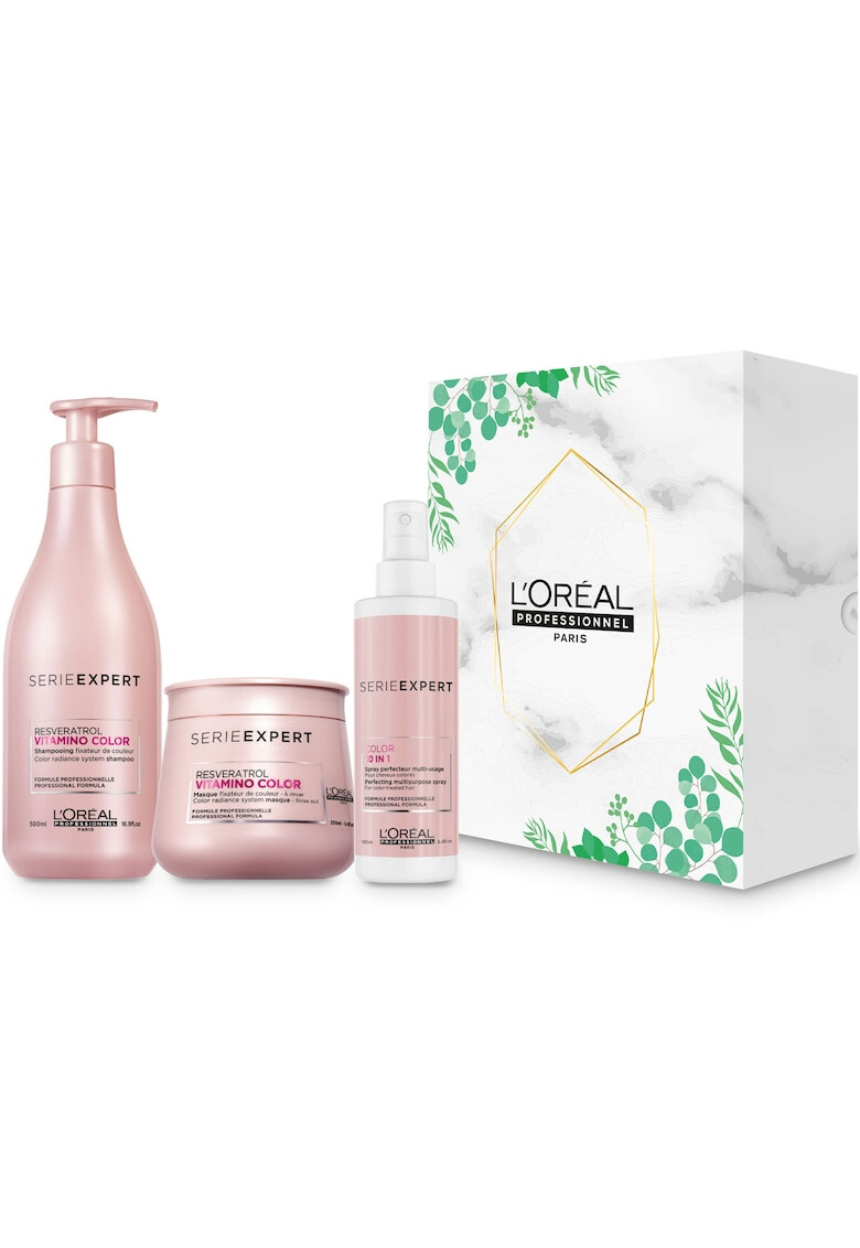 L'Oreal Professionnel Trusa L'Oréal Professionnel Serie Expert Vitamino Color Resveratrol: Sampon 500 ml + Masca 250 ml + Spray 10 in 1 pentru par vopsit - Pled.ro