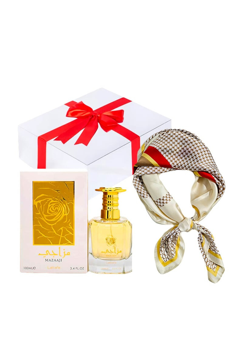 Lattafa Set Essence&Shawl Apa de parfum Majaazi 100 ml + esarfa satinata + cutie cadou cu funda - Pled.ro