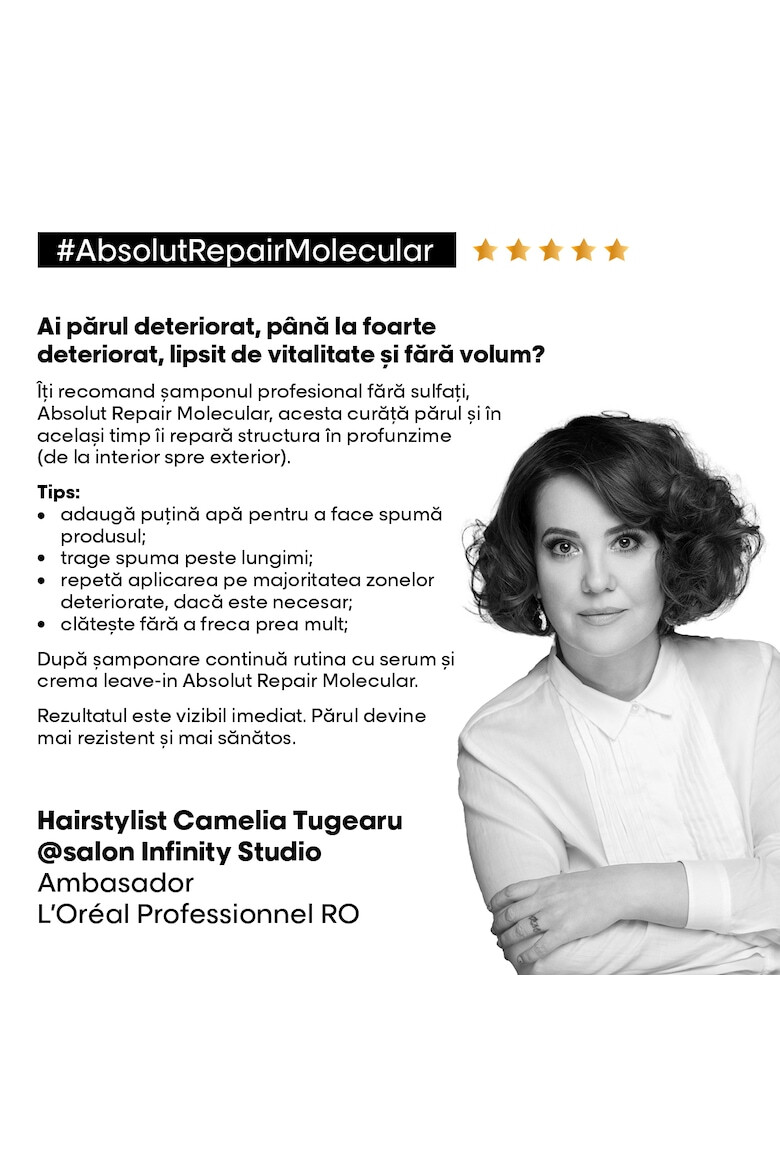 L'Oreal Professionnel Sampon pentru par deteriorat L’Oreal Professionnel Serie Expert Absolut Repair Molecular formulat cu legaturi peptidice si 5 aminoacizi repara structura macromoleculara a parului fara sulfati. - Pled.ro