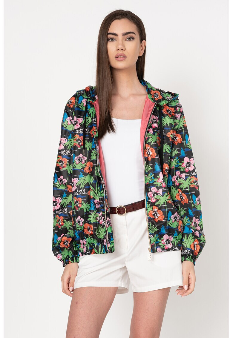 Love Moschino Jacheta din material usor cu gluga si imprimeu tropical - Pled.ro