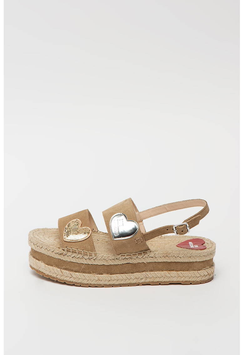 Love Moschino Sandale tip espadrile din piele intoarsa cu aplicatii in forma de inima - Pled.ro