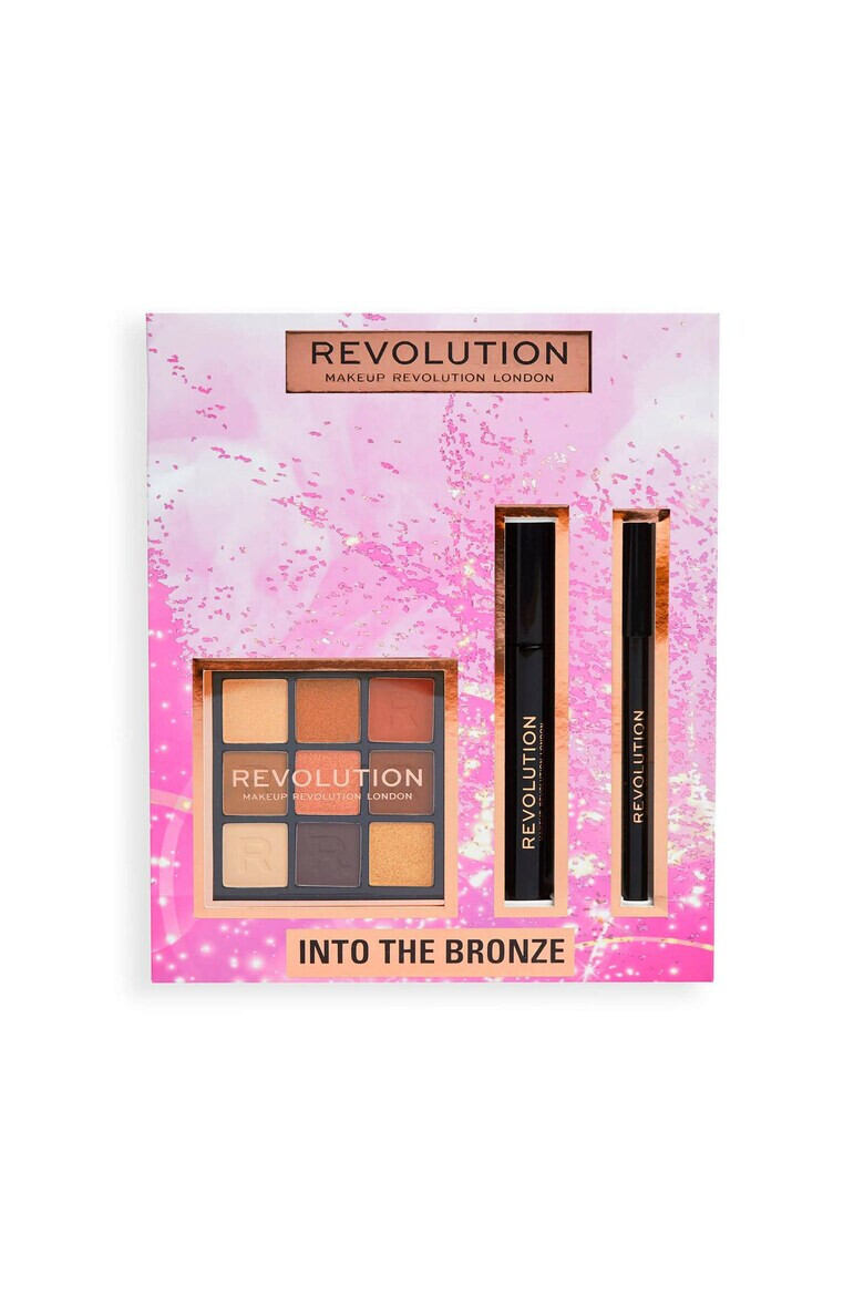 Makeup Revolution Set machiaj Into The Bronze Eye Paleta de fard de pleoape Ultimate Desire 9x0 9 g + Rimel negru de volum si alungire 8 g + Eyeliner Kajal negru 1 g - Pled.ro