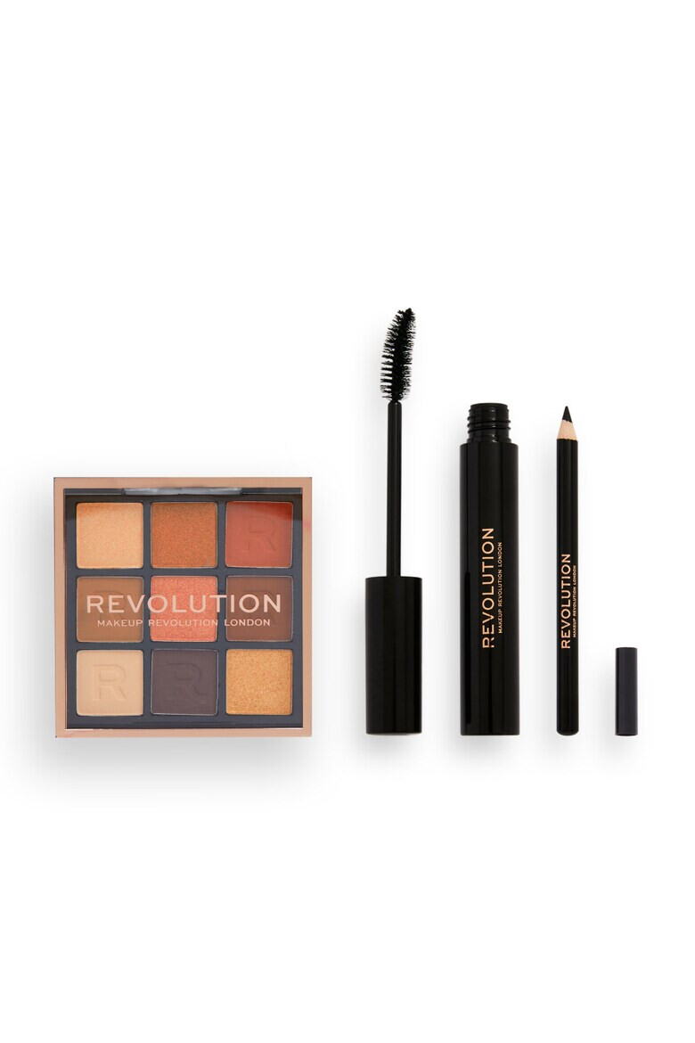 Makeup Revolution Set machiaj Into The Bronze Eye Paleta de fard de pleoape Ultimate Desire 9x0 9 g + Rimel negru de volum si alungire 8 g + Eyeliner Kajal negru 1 g - Pled.ro