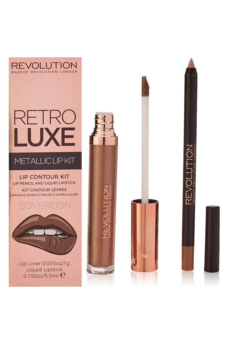 Makeup Revolution Set ruj si creion de buze : Ruj lichid Retro Luxe Metallic Sovereign 55 ml + Creion de buze Retro Luxe Sovereign 1 g - Pled.ro