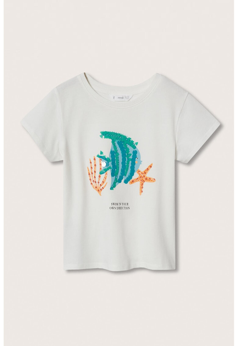 Mango Tricou cu decolteu la baza gatului si imprimeu cu tematica marina Fish - Pled.ro