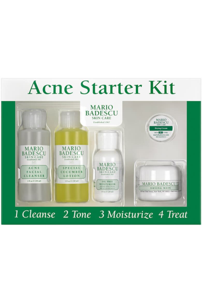 Mario Badescu Set Acne Starter Kit: Acne Facial Cleanser 59ml + Special Cucumber Lotion 59ml + Oil Free Moisturizer 29ml + Drying Mask 14 gr - Pled.ro