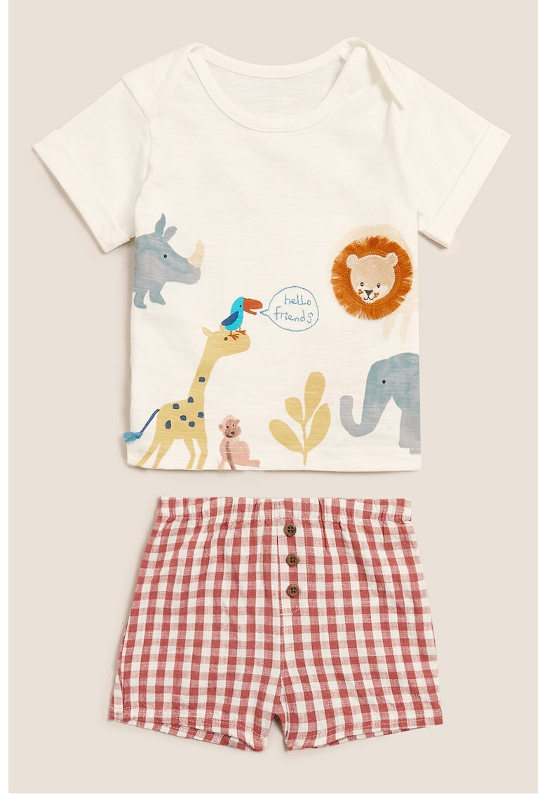 Marks & Spencer Set 2 piese tricou si pantaloni scurti imprimeu animale Alb/Rosu/Camel - Pled.ro