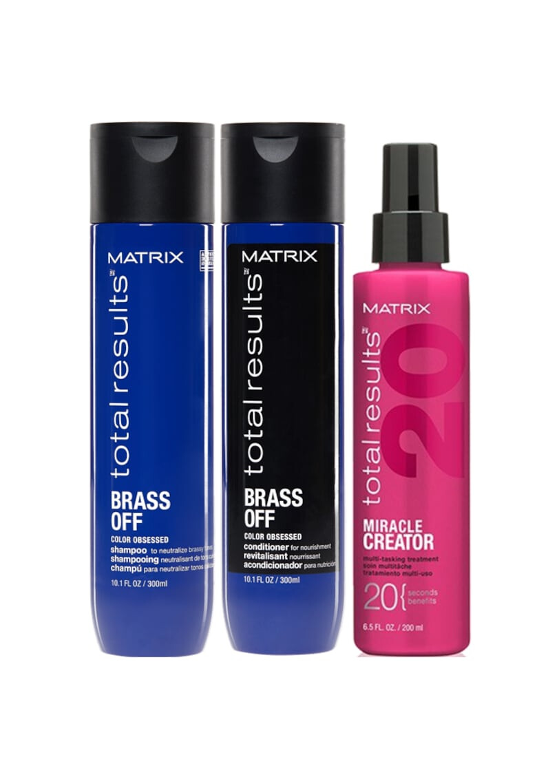 Matrix Set SUVITE PERFECTE Total Results BRASS OFF: Sampon 300 ml + Balsam 300 ml + Spray multifunctional cu 20 de beneficii Miracle Creator 20 200 ml - Pled.ro