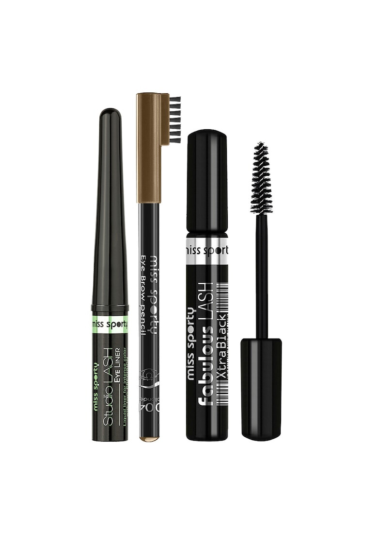 Miss Sporty Set machiaj : Tus de ochi lichid Studio Lash 001 Black 4 ml + Creion pentru sprancene 002 Brown 5 g + Mascara Fabulous Lash Extra Black 8 ml - Pled.ro