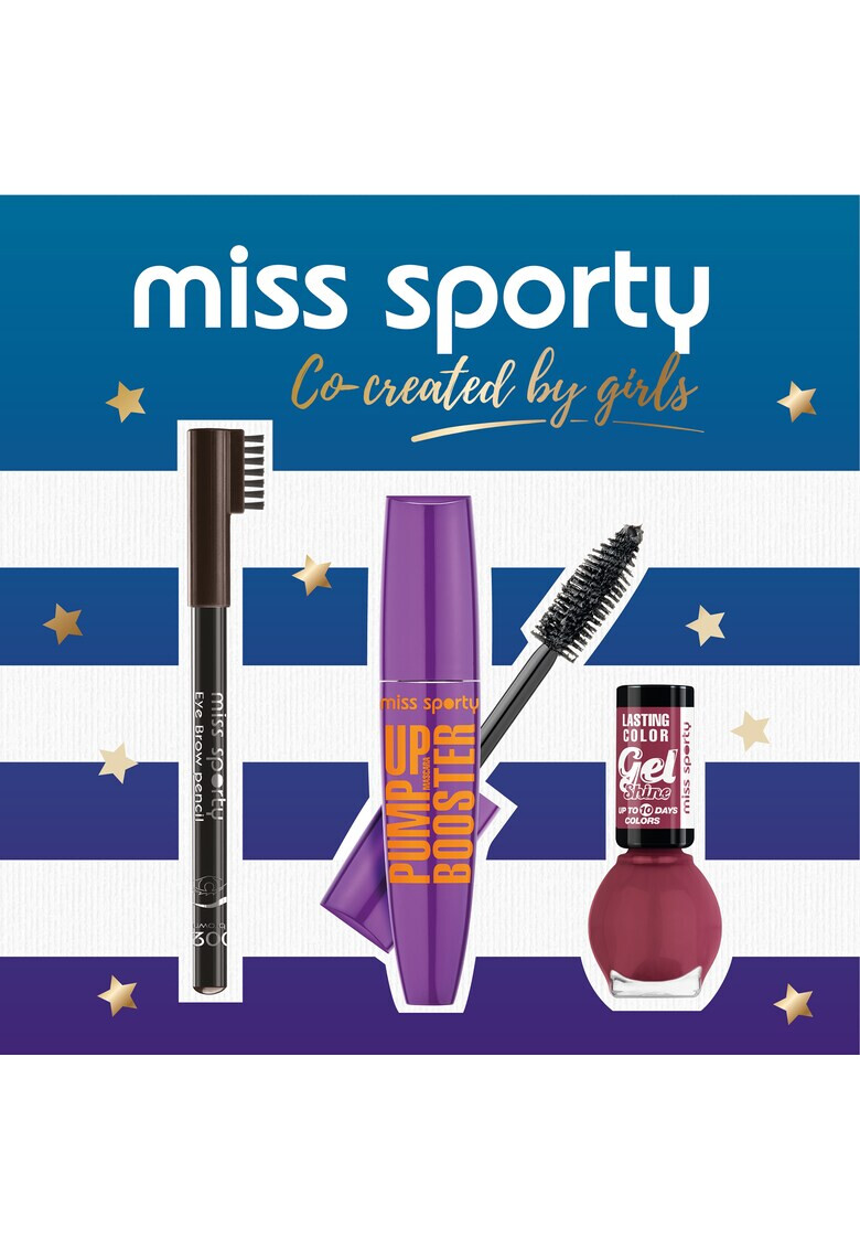 Miss Sporty Set : Mascara Pump up Booster 001 black Creion de sprancene 002 brown Lac de unghii Lasting Colour 151 miss red - Pled.ro