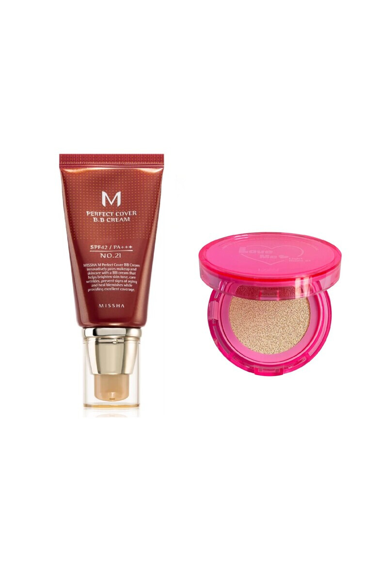 MISSHA Pachet Crema BB cu protectie UV ridicata SPF42/PA+++ (No.21/Light Beige) 50ml + Pudra Love Me Cushion #21 SPF50+ PA++++ IZEZE 14 g - Pled.ro