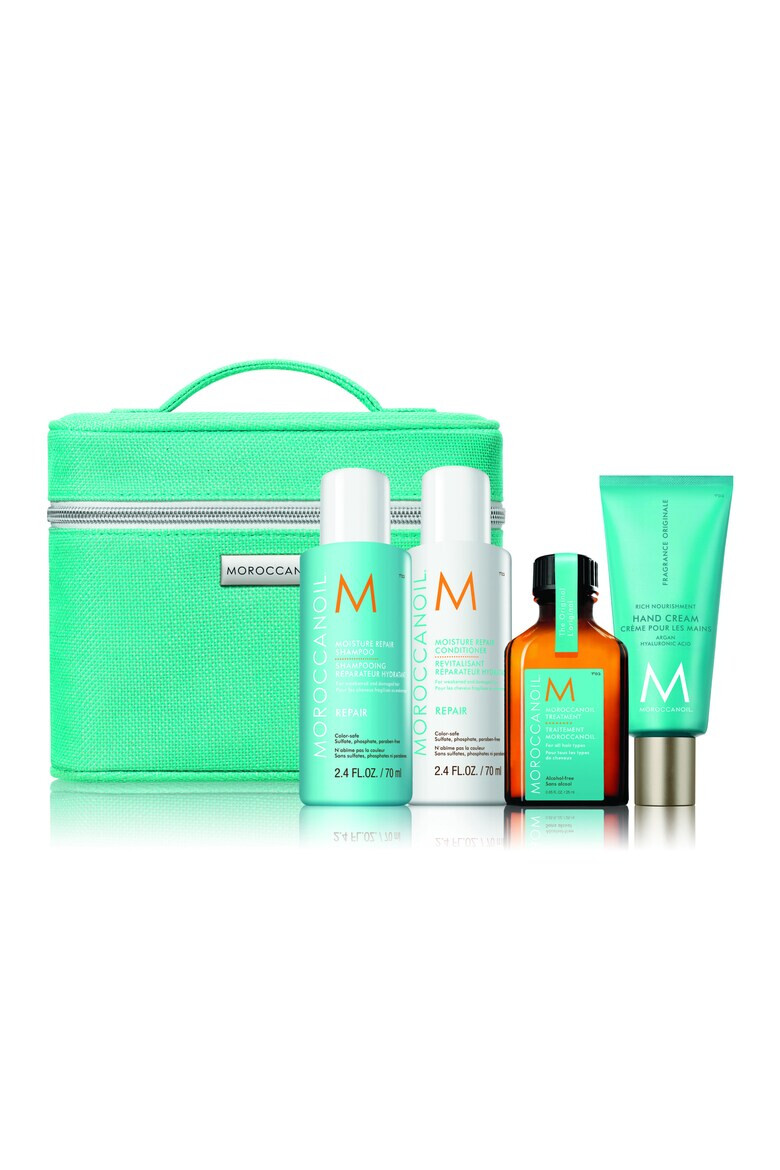 Moroccanoil Set de calatorie Repair: Sampon 70 ml + Balsam 70 ml + Ulei tratament 25 ml + Crema de maini 40 ml - Pled.ro