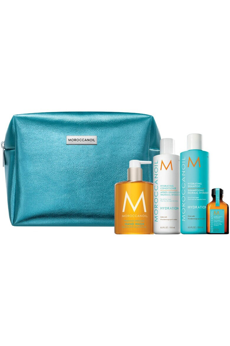 Moroccanoil Set Holiday Sampon 250 ml + Balsam 250 ml + Ulei tratament 25 ml + Sapun lichid 360 ml + Portfard - Pled.ro