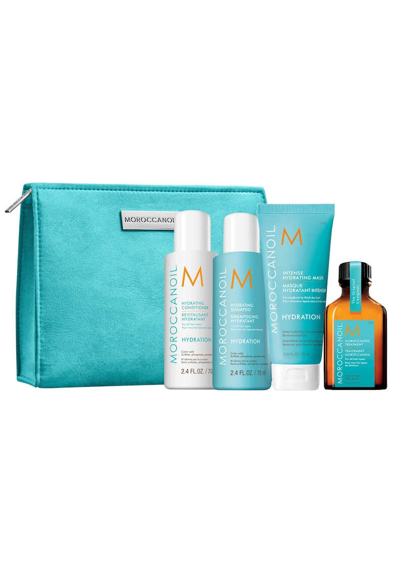 Moroccanoil Set pentru calatorie Hydration: Ulei tratament par 25ml + Sampon si balsam hidratare 70 ml + Masca intens hidratanta 75 ml - Pled.ro