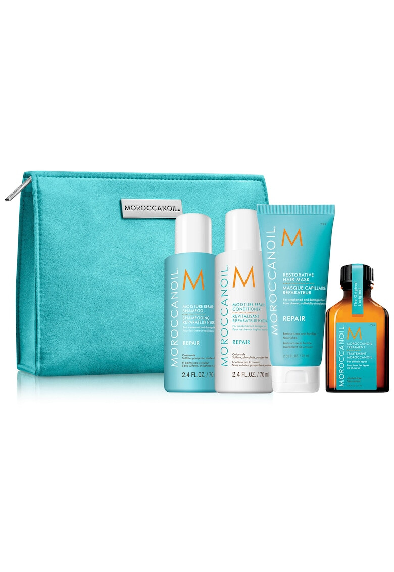 Moroccanoil Set pentru calatorie Repair: Ulei tratament par 25ml + Sampon si balsam reparare 70 ml + Masca reparare 75ml - Pled.ro