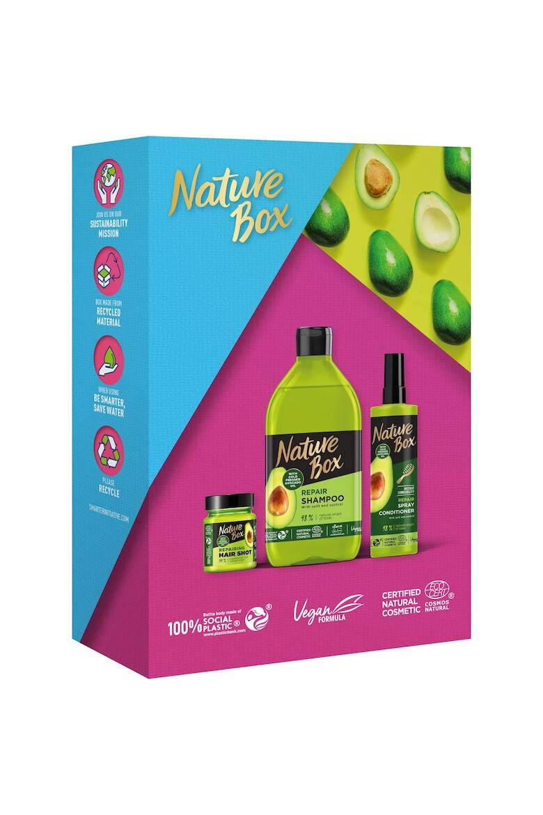 Nature Box Set Avocado cu ulei de avocado presat la rece pentru par deteriorat: Sampon 385 ml + Balsam Spray 200 ml + Tratament concentrat 60 ml - Pled.ro