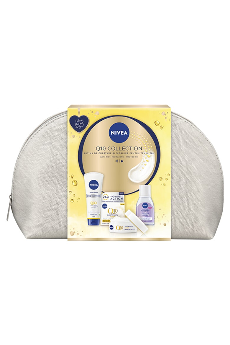 Nivea Set cadou: Crema de zi anti-rid Q10 Power SPF 15 50 ml + Crema de maini anti-imbatranire Q10 3 in 1 Anti-Age 100 ml + Apa micelara 5 in 1 pentru ten sensibil 100 ml + geanta cadou - Pled.ro