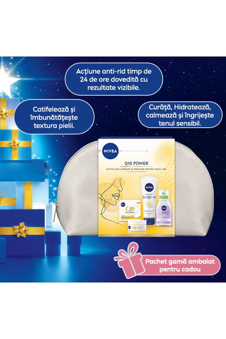 Nivea Set cadou: Crema de zi anti-rid Q10 Power SPF 15 50 ml + Crema de maini anti-imbatranire Q10 3 in 1 Anti-Age 100 ml + Apa micelara 5 in 1 pentru ten sensibil 100 ml + geanta cadou - Pled.ro