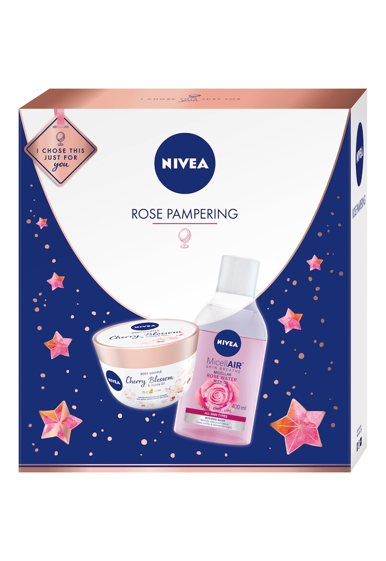 Nivea Set ingrijire fata si corp Rose Pampering: Apa micelara bifazica MicellAIR Skin Breathe Rose Water 400 ml + Crema pentru corp Souffle Cherry Blossom&Jojoba Oil 200 ml - Pled.ro