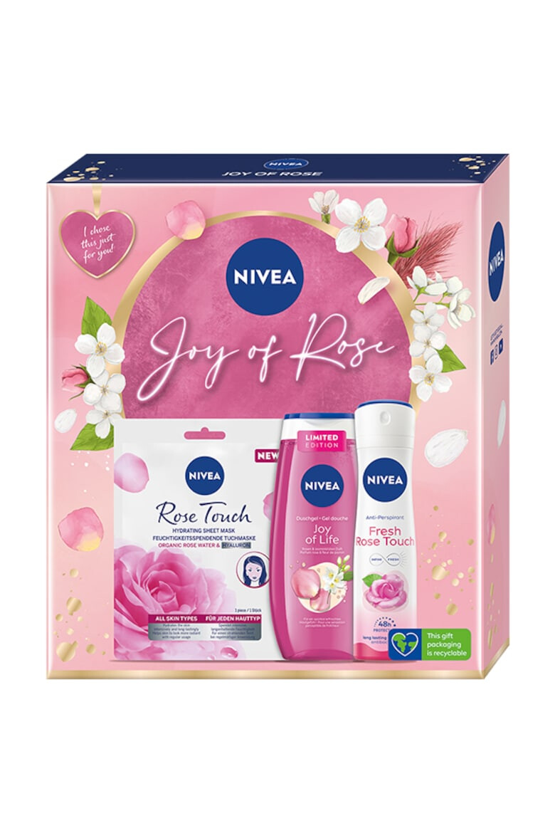 Nivea Set : Masca servetel Rose Touch 1 buc + Gel de dus Joy of Life 250 ml + Deodorant spray femei Fresh Rose Touch 150 ml - Pled.ro