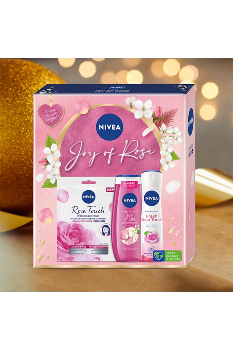 Nivea Set : Masca servetel Rose Touch 1 buc + Gel de dus Joy of Life 250 ml + Deodorant spray femei Fresh Rose Touch 150 ml - Pled.ro