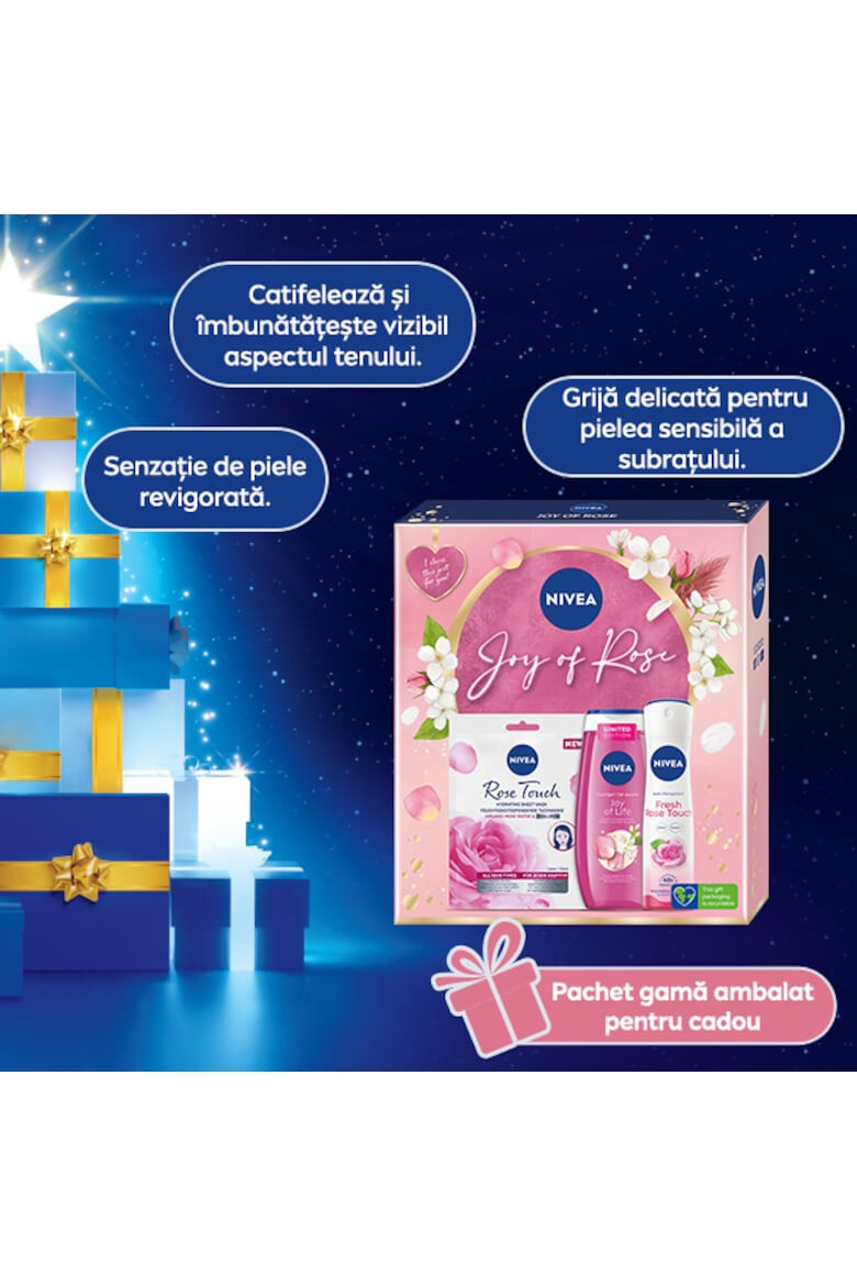 Nivea Set : Masca servetel Rose Touch 1 buc + Gel de dus Joy of Life 250 ml + Deodorant spray femei Fresh Rose Touch 150 ml - Pled.ro