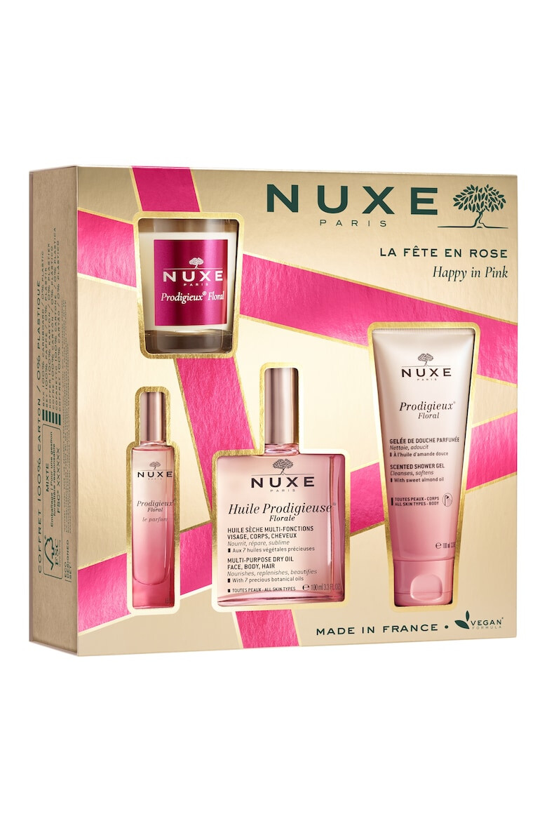 Nuxe Set Happy in Pink Apa de Parfum Prodigieux Floral Le Parfum 15 ml Miniatura + Lumanare Parfumata 70 g + Gel de Dus pentru Toate Tipurile de Piele 100 ml + Ulei Multifunctional pentru Fata Corp si Par 100 ml - Pled.ro