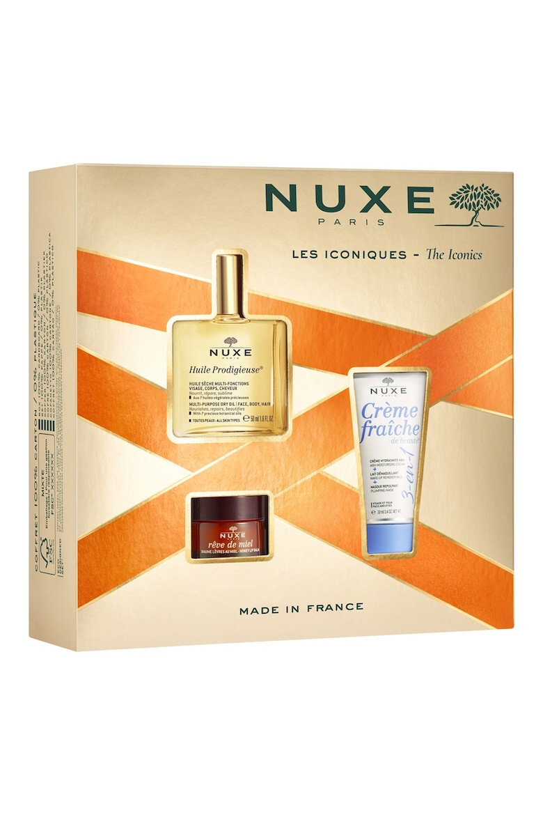 Nuxe Set The Iconics: Ulei Multifunctional Huile Prodigieuse Or pentru Fata Corp si Par 50 ml + Crema Hidratanta Creme Fraiche de Beaute pentru Fata 30 ml + Balsam de Buze cu Miere Reve de Miel 15 g - Pled.ro