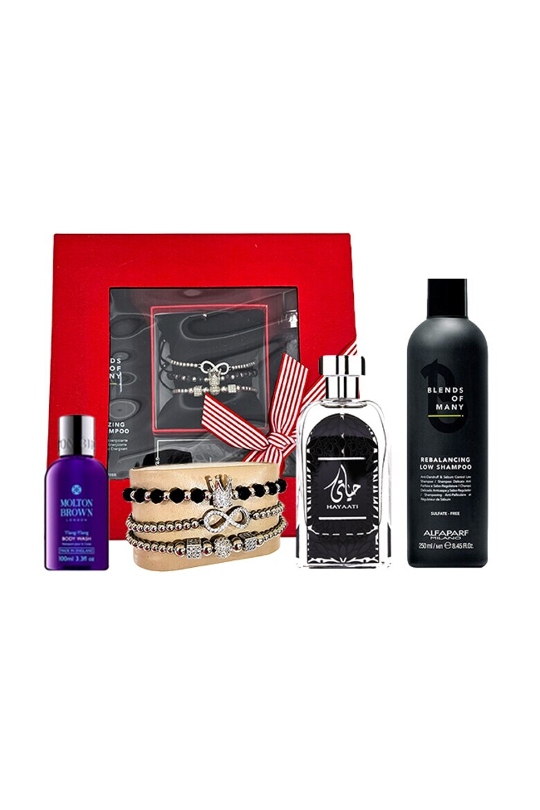 OEM Set Black Majesty Apa de Parfum Ard al Zaafaran Hayaati Men 100 ml Set 3 bratari din otel inoxidabil onix si zirconiu Gel de Dus Molton Brown Relaxing Ylang-Ylang 100 ml Sampon Alfaparf Rebalancing Low Shampoo Blends of Many 250 ml - Pled.ro