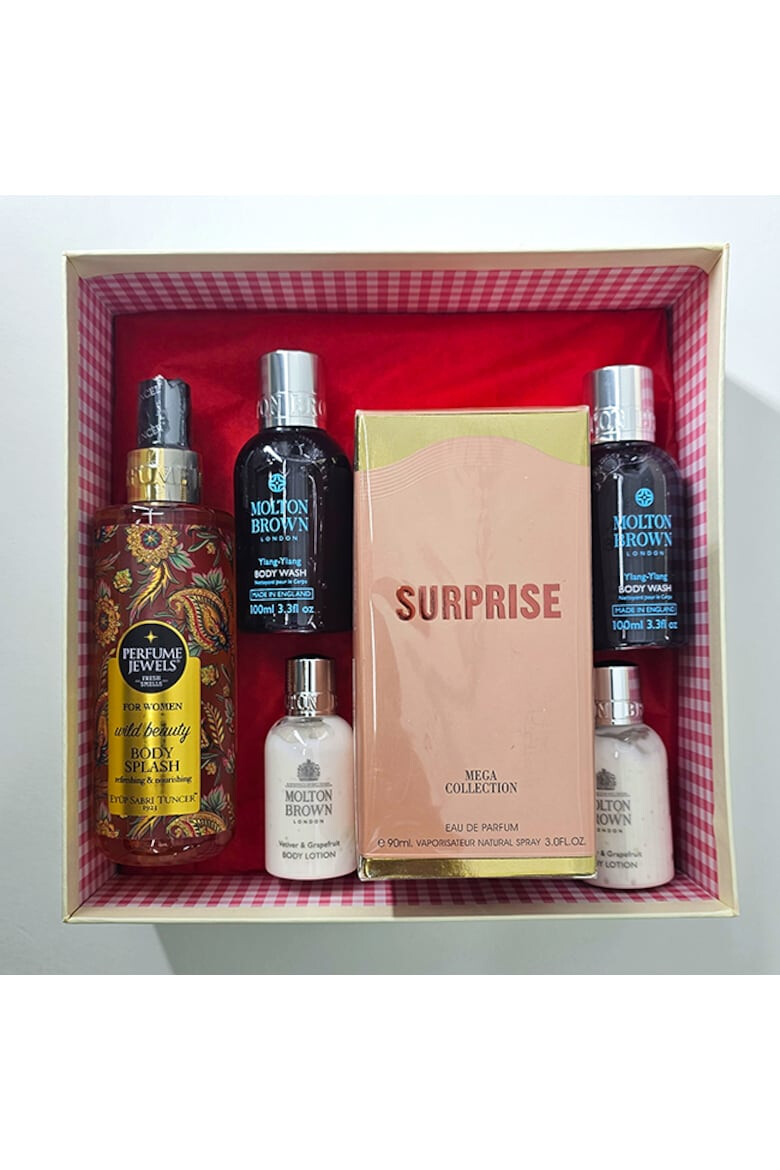 OEM Set Surprise Apa de Parfum Ard Al Zaafaran Surprise 100 ml Spray de Corp Eyup Sabri Tuncer Wild Beauty 250 ml 2 x Lotiune de corp Molton Brown Vetiver & Grapefruit 50 ml 2 x Gel de Dus Molton Brown Relaxing Ylang-Ylang 100 ml - Pled.ro