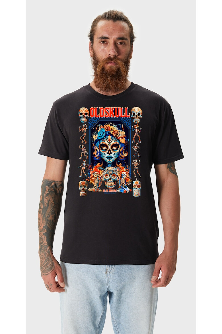 Oldskull Tricou cu decolteu la baza gatului si imprimeu - Pled.ro