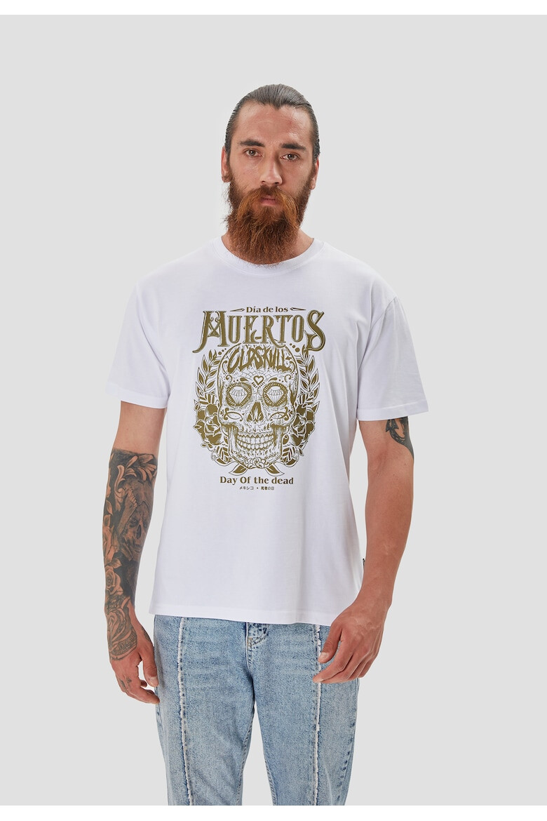 Oldskull Tricou de bumbac cu imprimeu grafic si decolteu la baza gatului - Pled.ro