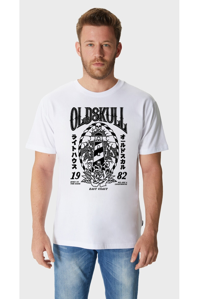 Oldskull Tricou de bumbac cu imprimeu si decolteu la baza gatului - Pled.ro