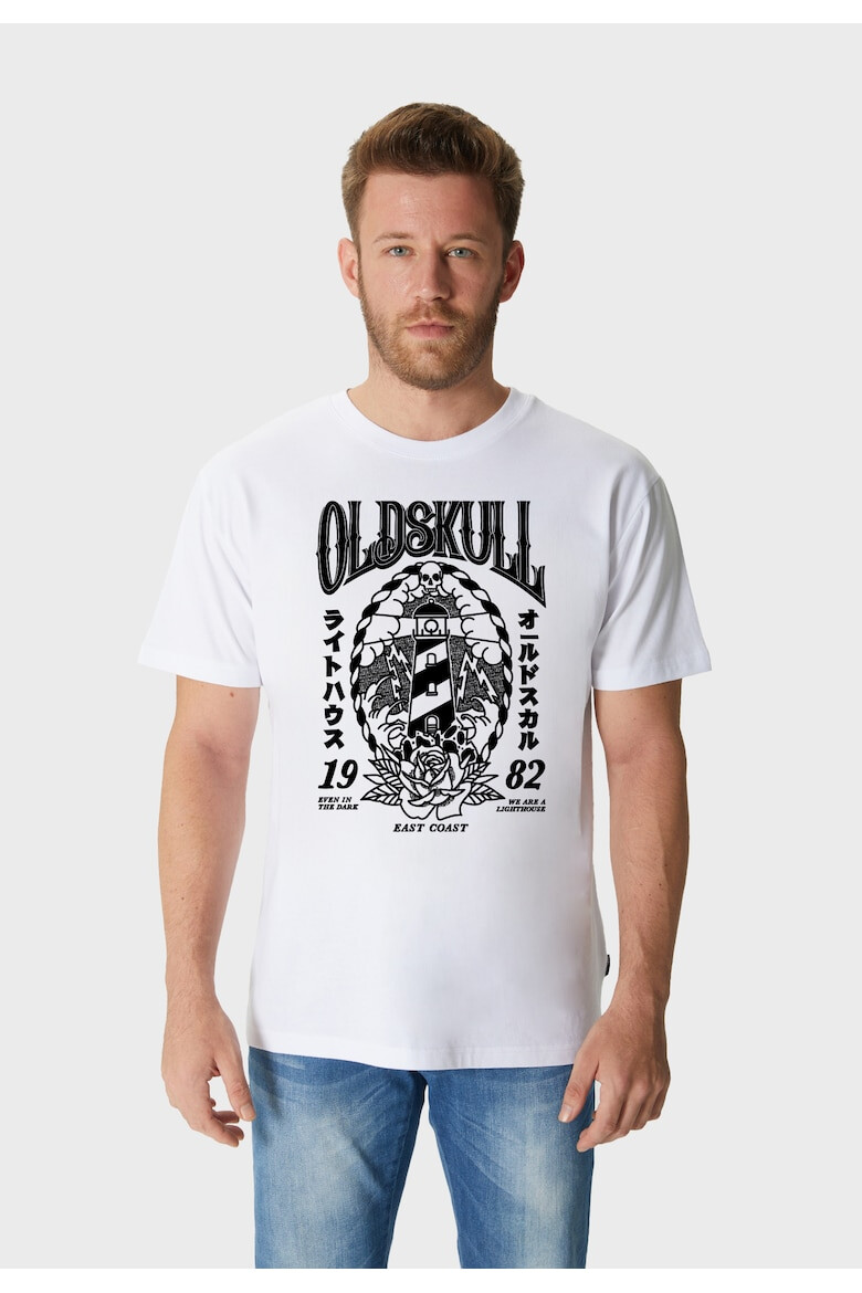 Oldskull Tricou de bumbac cu imprimeu si decolteu la baza gatului - Pled.ro