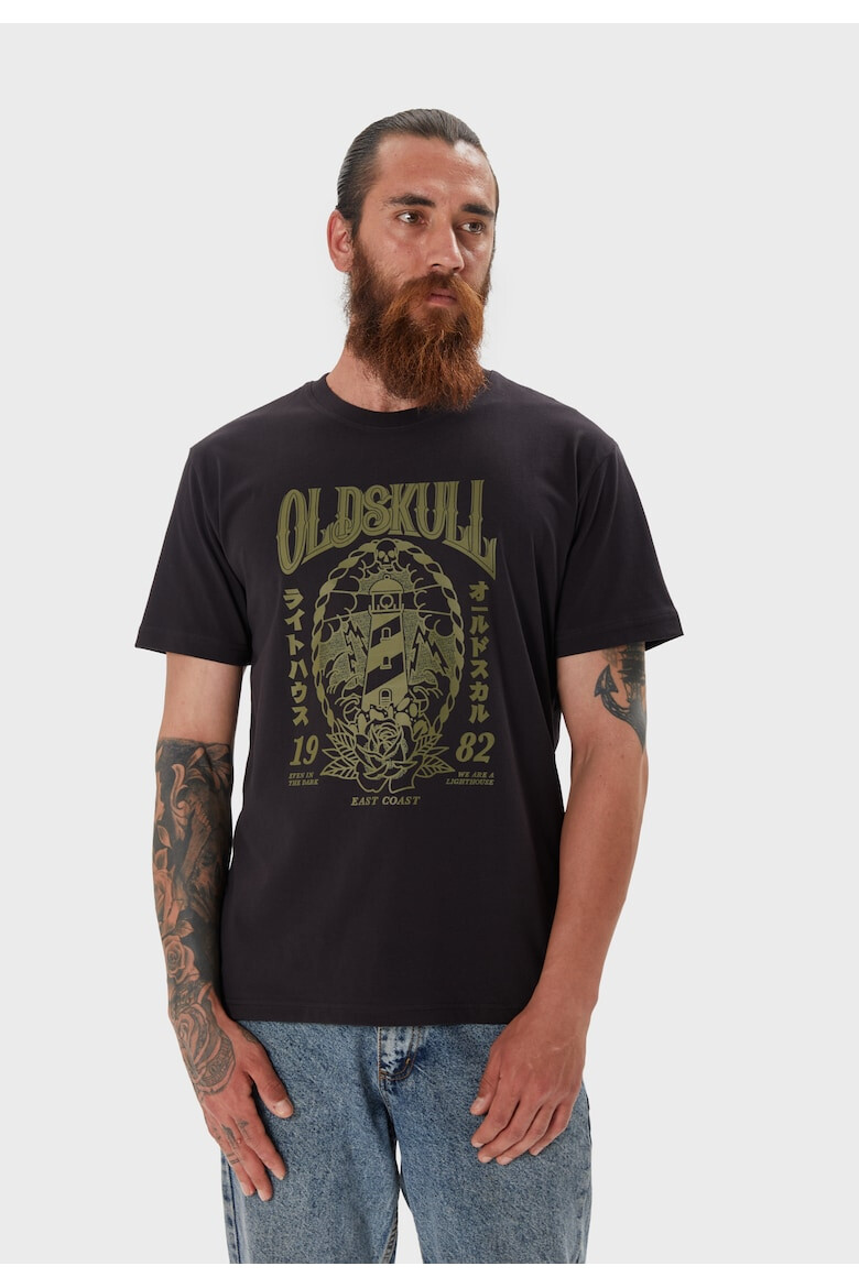 Oldskull Tricou de bumbac cu imprimeu si decolteu la baza gatului - Pled.ro