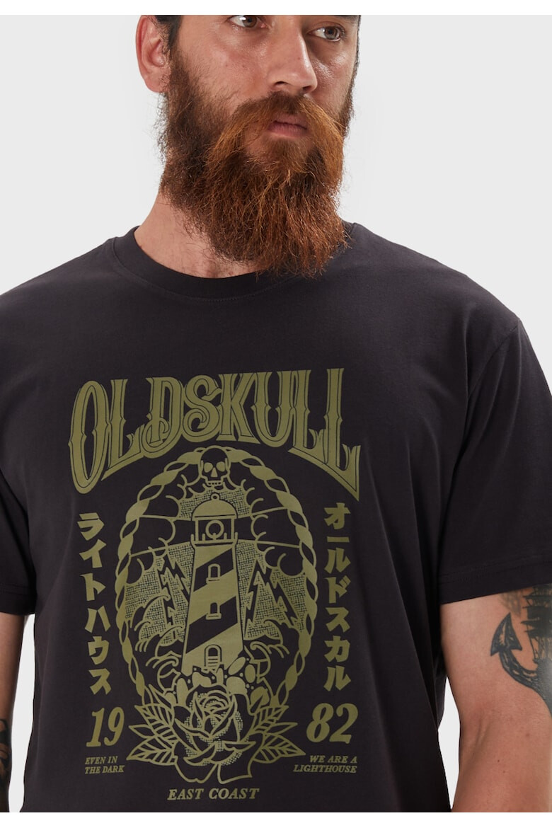 Oldskull Tricou de bumbac cu imprimeu si decolteu la baza gatului - Pled.ro