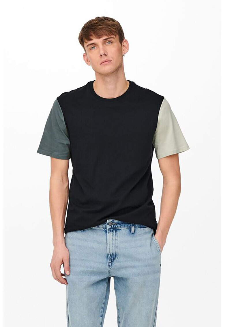 Only & Sons Tricou cu decolteu la baza gatului si imprimeu colorblock - Pled.ro