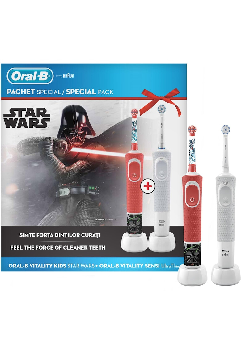 Oral-B Set Family Periuta de dinti electrica copii + adult Oral B Vitality D100 Star Wars+ Vitality D100 Sensi Ultra Thin 2 capete - Pled.ro