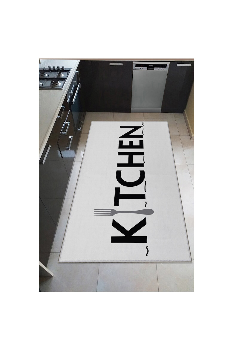 Oyo home Covor de bucatarie Kitchen poliester print digital spate antiderapant alb/negru - Pled.ro